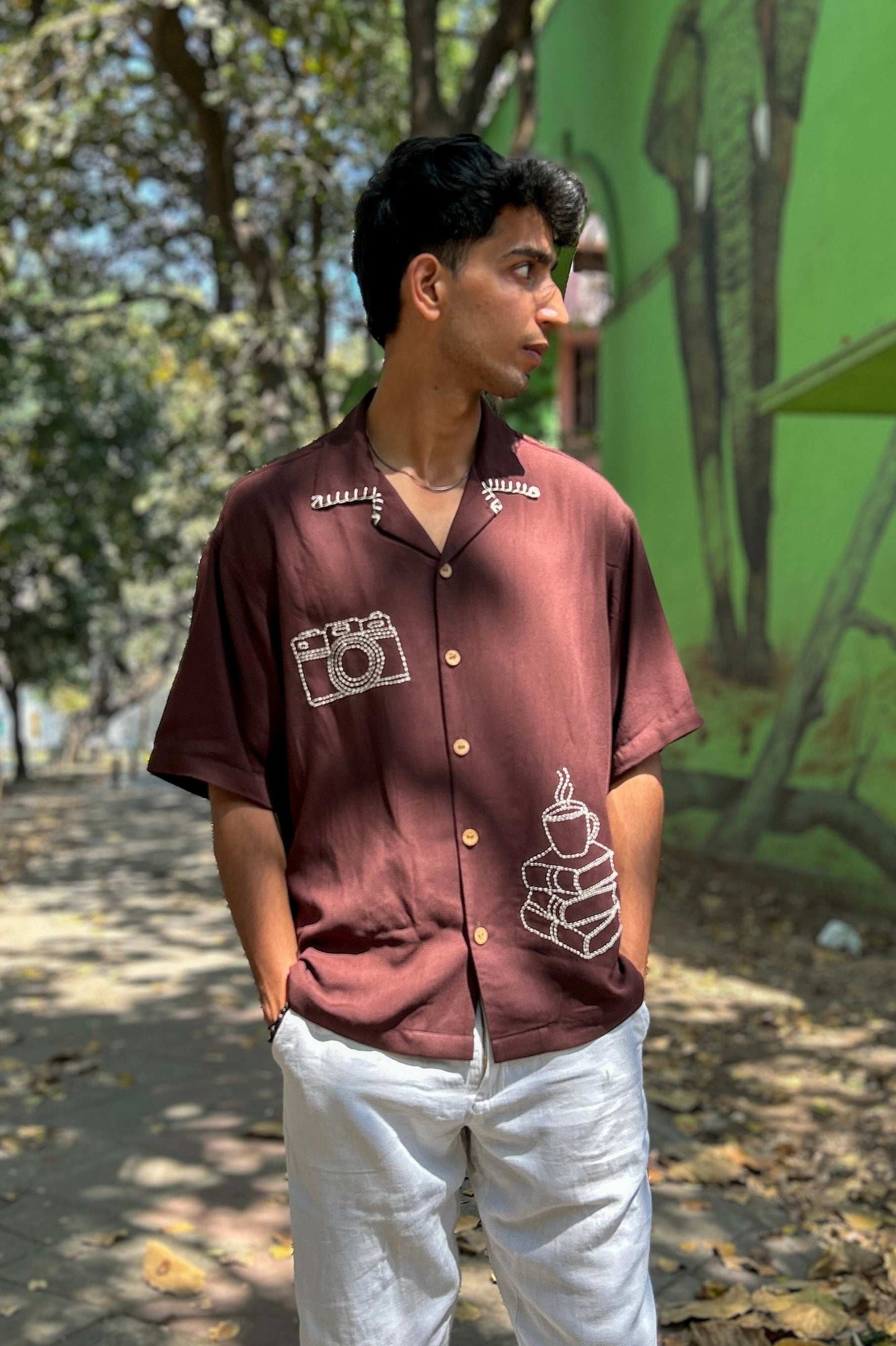 Espresso brown modal viscose shirt for men with hand embroidered camera and coffee motifs, full-length view