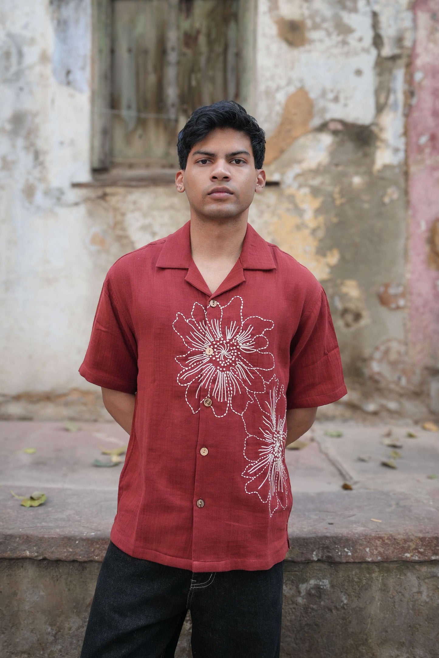 Red double cloth cotton shirt for men with multi-technique floral hand embroidery, front view