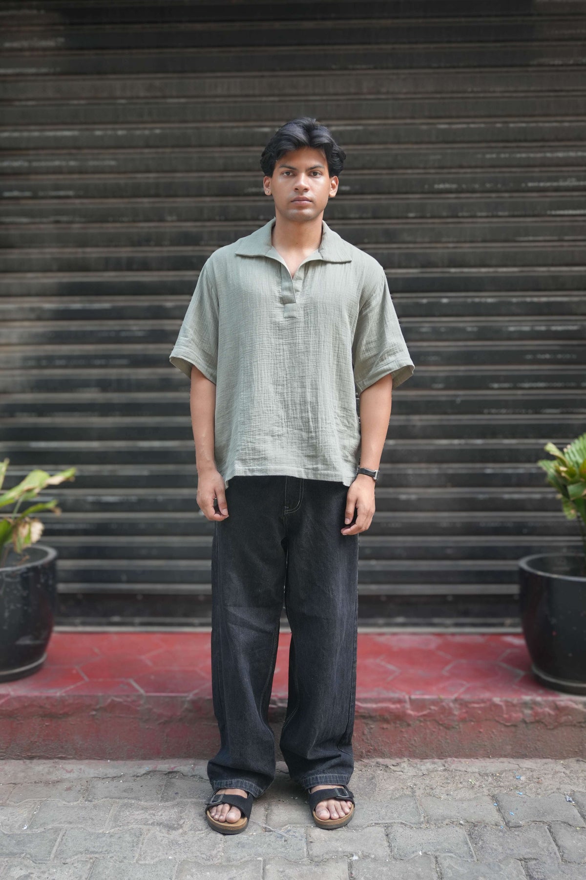Mint green double cloth cotton popover shirt for men, full-length view