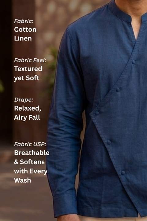 Osaka Kimono Cotton Linen Shirt - Navy Blue