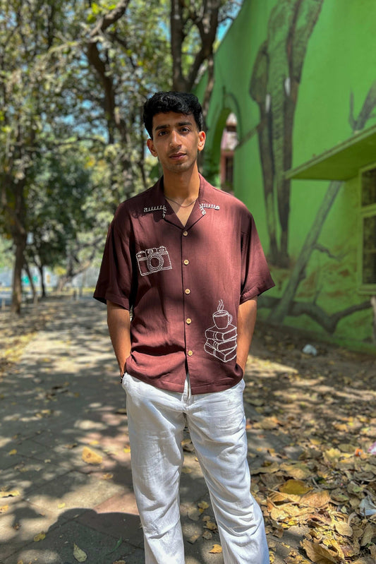 Espresso brown modal viscose shirt for men with hand embroidered camera and coffee motifs, full-length view