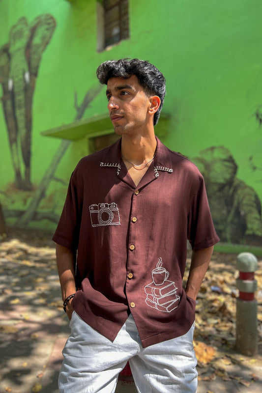 Espresso brown modal viscose shirt for men with hand embroidered camera and coffee motifs, three-quarter view