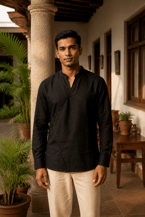 Osaka Kimono Cotton Linen Shirt - Black
