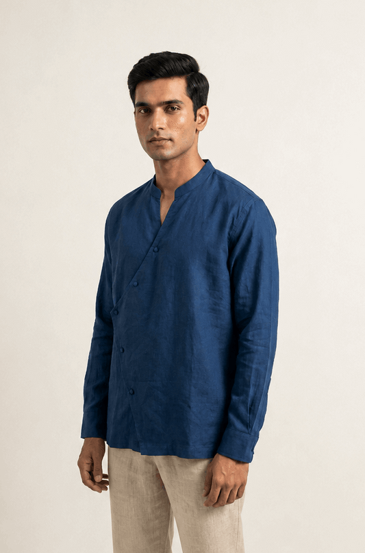 Osaka Kimono Cotton Linen Shirt - Navy Blue