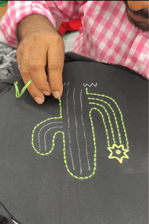Artisan hand embroidering the cactus motif, the making of the Kutch Embroidered Shirt by Oje'