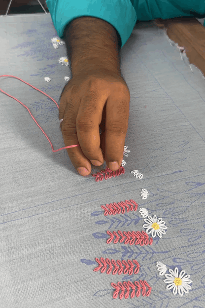 Artisan hand embroidering the meadow florals, the making of the Spiti Embroidered Shirt by Oje'
