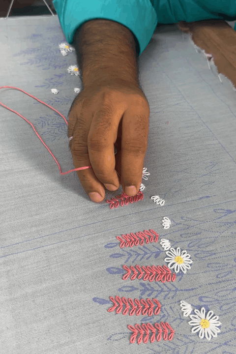 Artisan hand embroidering the meadow florals, the making of the Spiti Embroidered Shirt by Oje'