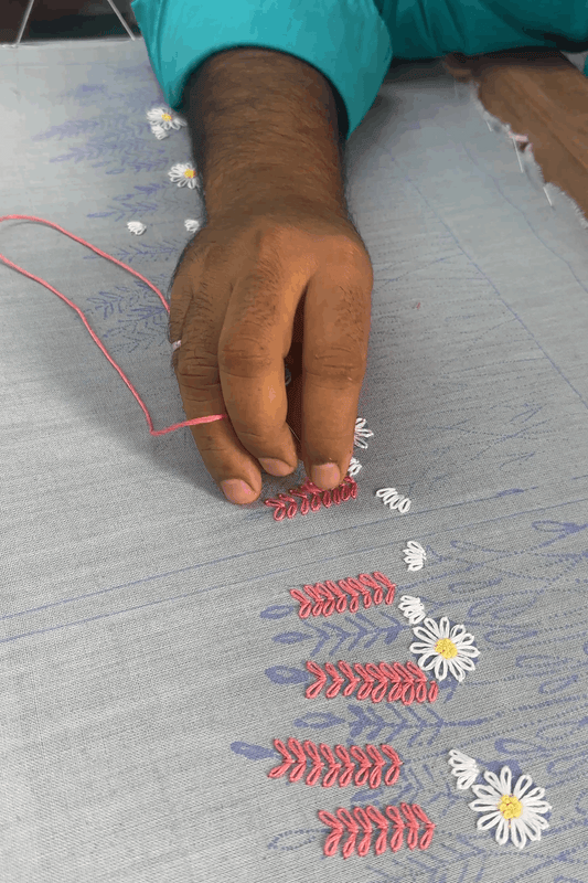Artisan hand embroidering the meadow florals, the making of the Spiti Embroidered Shirt by Oje'