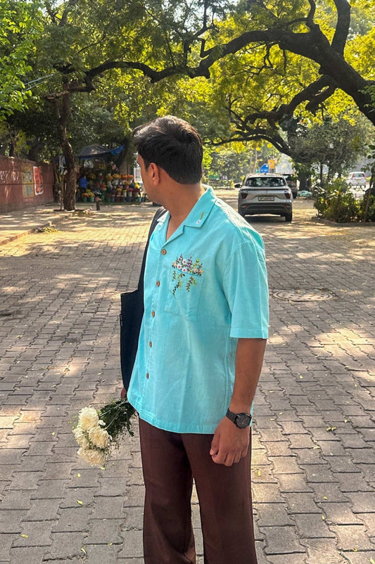Front view of aqua blue handloom cotton relaxed fit men's shirt showing drape, Jaipur Embroidered Shirt by Oje'
