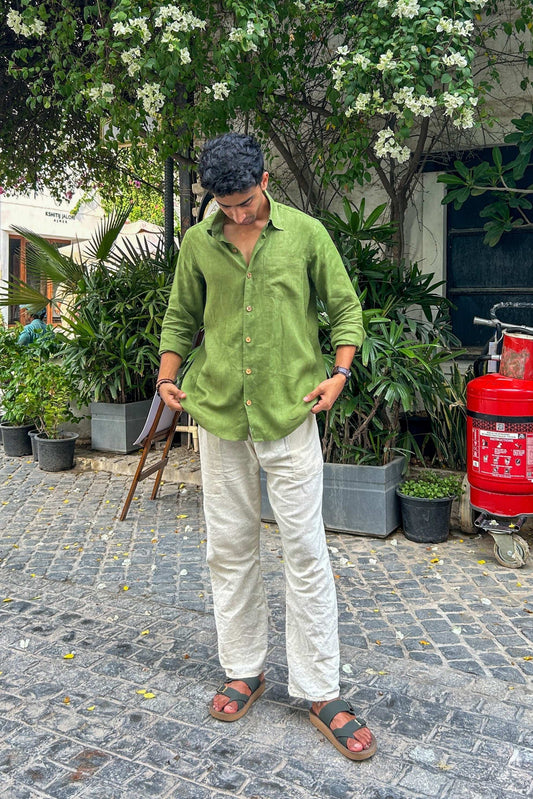 Sage green pure linen shirt for men, full-length view