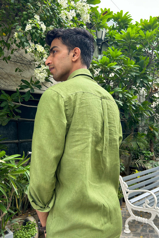 Sage green pure linen shirt for men, back three-quarter view