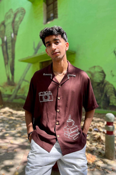 Espresso brown modal viscose shirt for men with hand embroidered camera and coffee motifs, front view