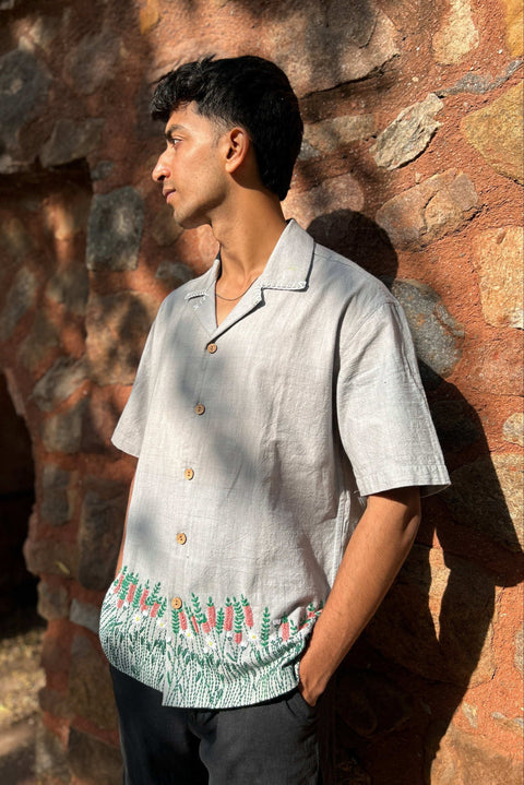 Pearl grey handloom cotton shirt for men with floral meadow embroidery on the hem, side view, Spiti Embroidered Shirt by Oje'