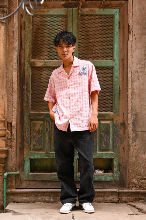 Pink checks cotton shirt for men with blue crochet flowers, front view