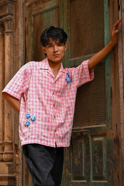 Pink checks cotton shirt for men with blue crochet flowers, three-quarter view, New York Checks Shirt by Oje'