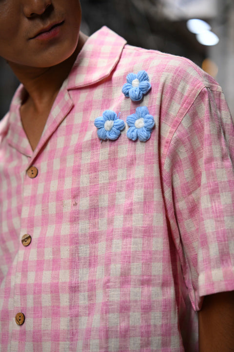 Close-up of the blue crochet flowers on the shoulder, Pink checks cotton men's shirt