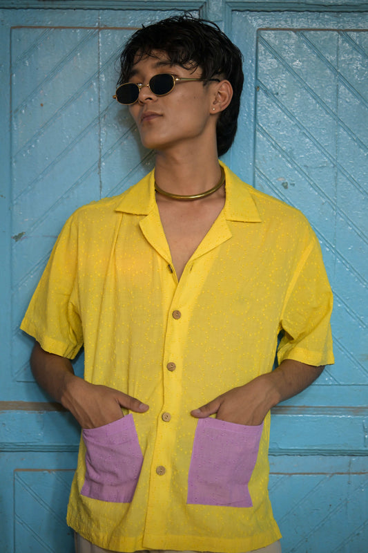 Lemon yellow textured cotton shirt for men with contrast lavender pockets, front view