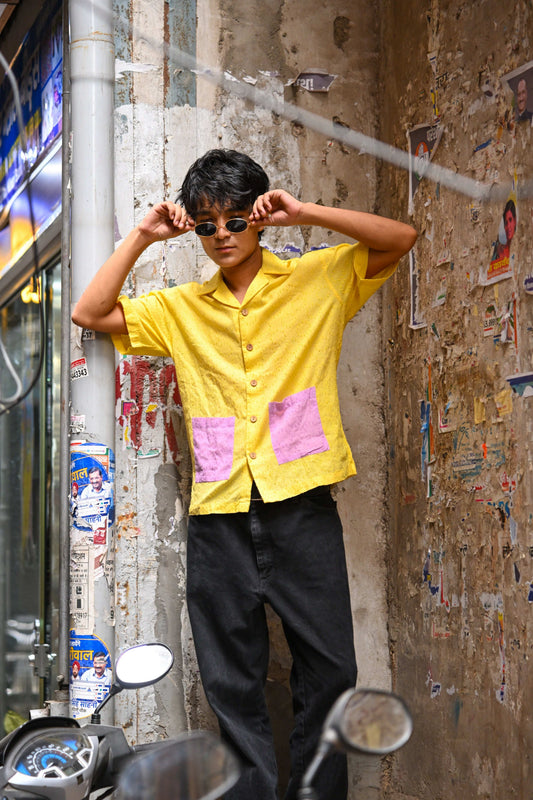 Lemon yellow textured cotton shirt for men with contrast lavender pockets, full-length view