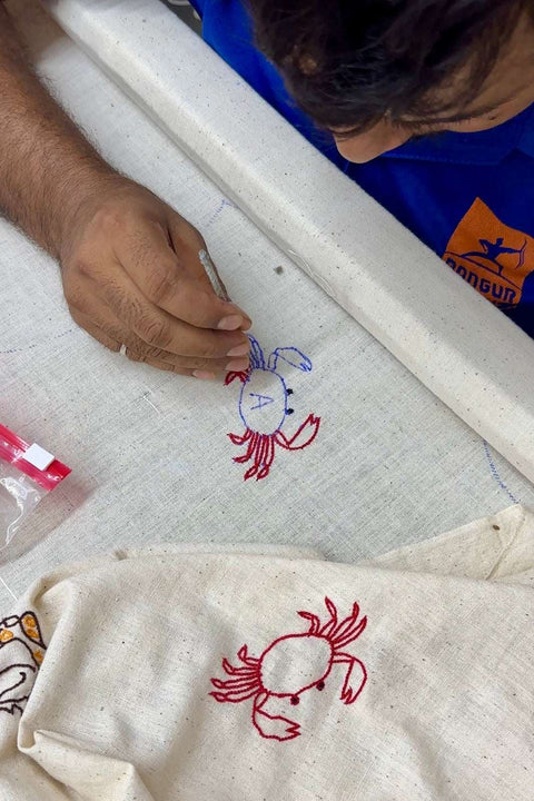 Artisan hand embroidering the crab motif, the making of the Goa Embroidered Shirt by Oje'
