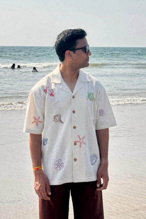 Ivory handloom cotton shirt for men with kantha sea element motifs, front view
