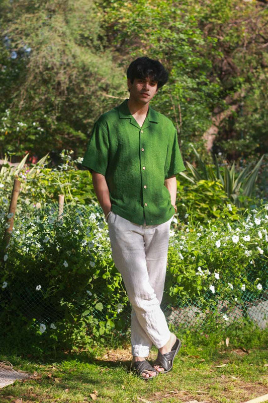 Forest green cotton shirt for men with golden woven stripes, full-length view