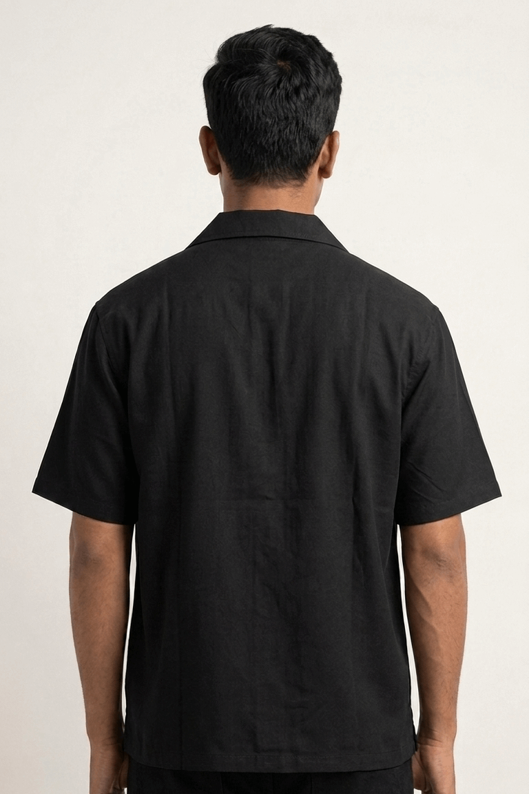Black modal men's shirt with embroidered collar stitch, back view