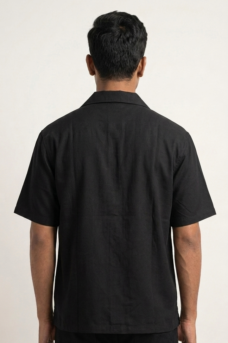 Black modal men's shirt with embroidered collar stitch, back view