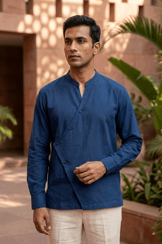 Osaka Kimono Cotton Linen Shirt - Navy Blue