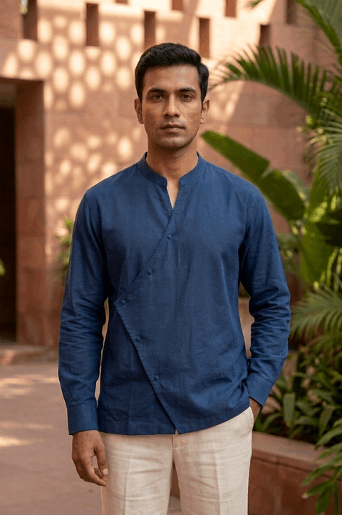 Osaka Kimono Cotton Linen Shirt - Navy Blue