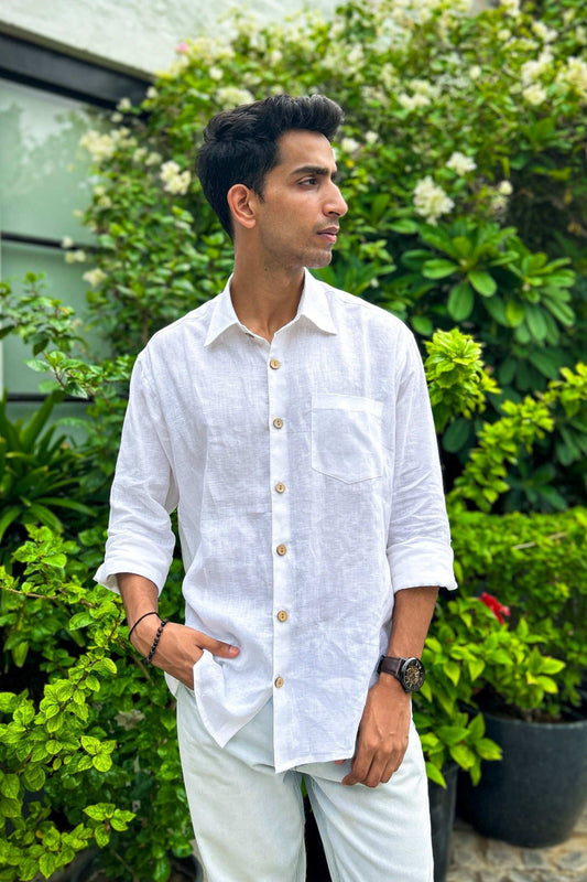 White pure linen shirt for men, three-quarter view