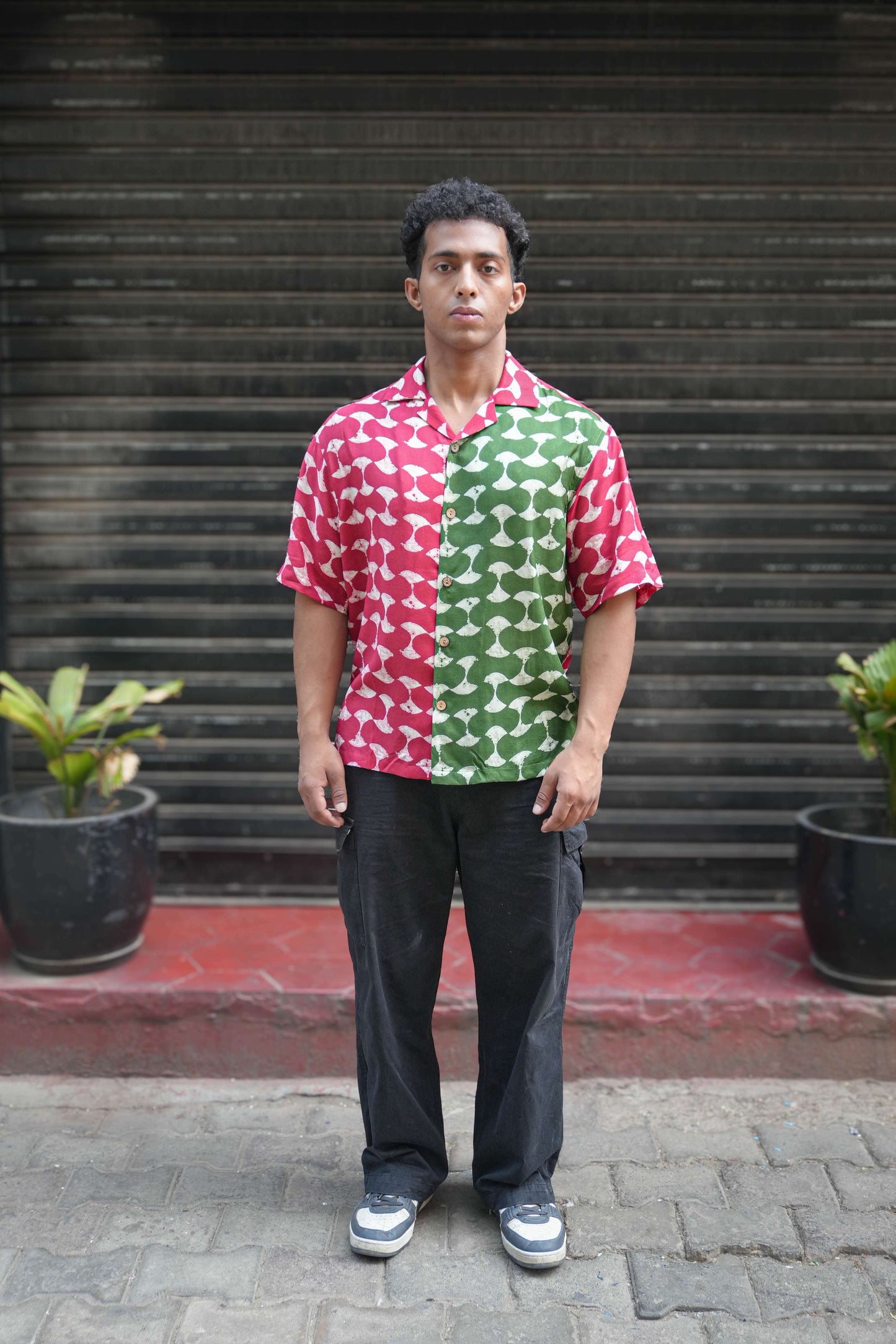 Red and green printed viscose shirt for men, full-length front view