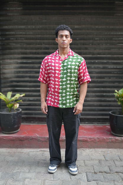 Red and green printed viscose shirt for men, full-length front view