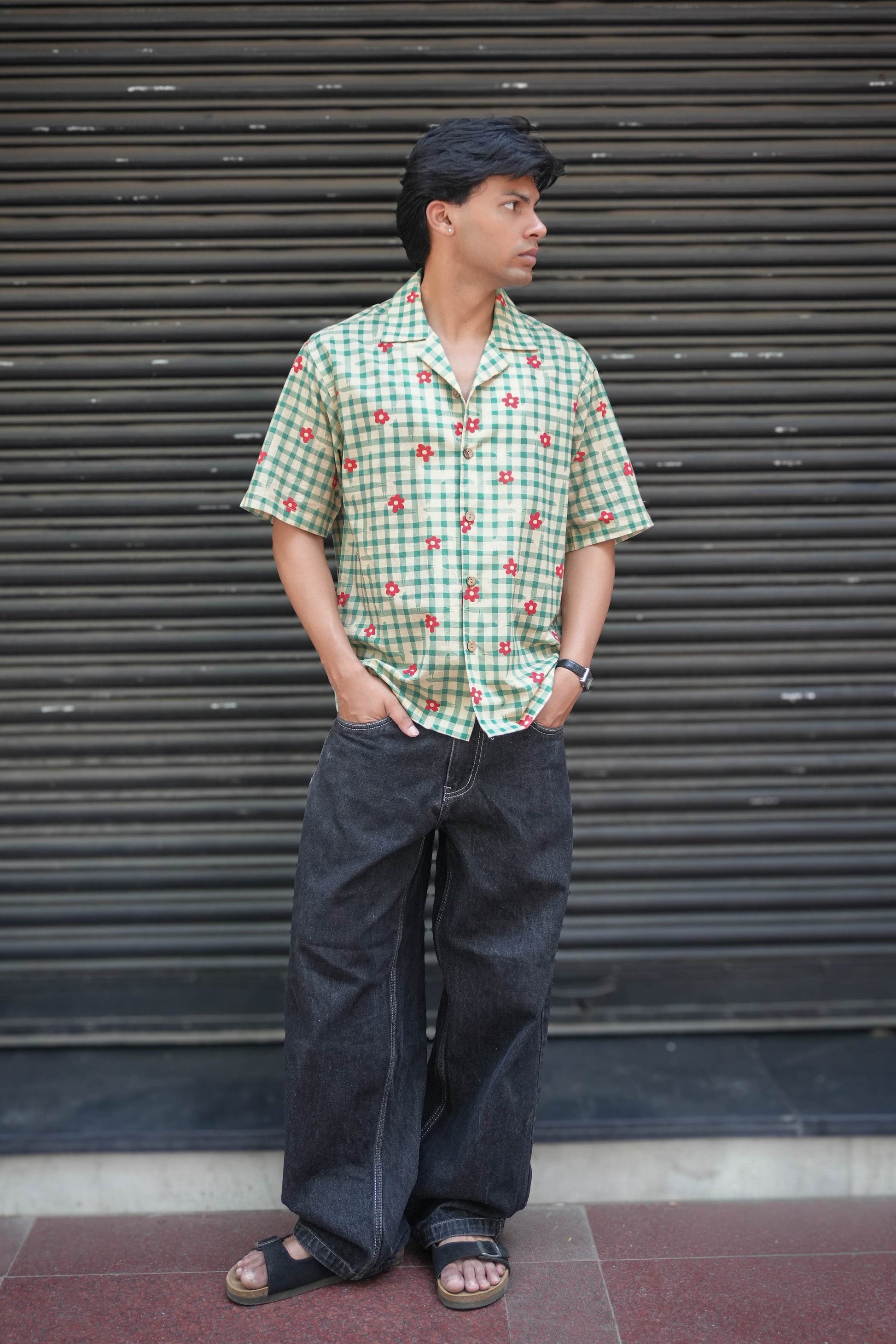 Green checks cotton shirt for men with printed floral motifs, front view