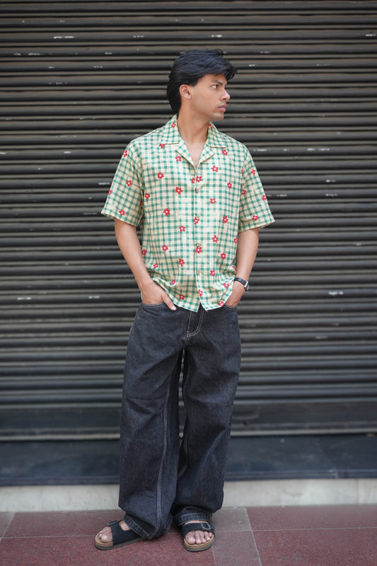 Green checks cotton shirt for men with printed floral motifs, front view