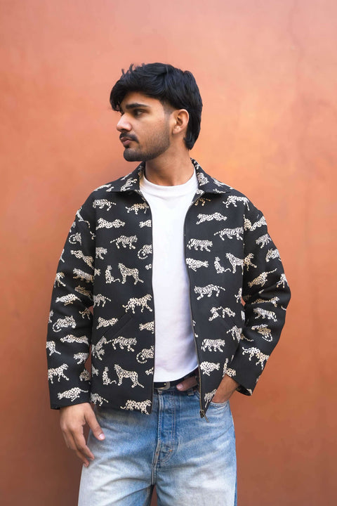 Black jacquard jacket for men with woven leopard motifs, three-quarter view, Gir Jacquard Jacket by Oje'
