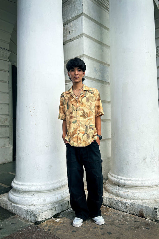 Golden beige viscose shirt for men, full-length view