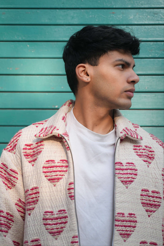 Pink and red cotton jacquard jacket for men with woven heart motifs, side view
