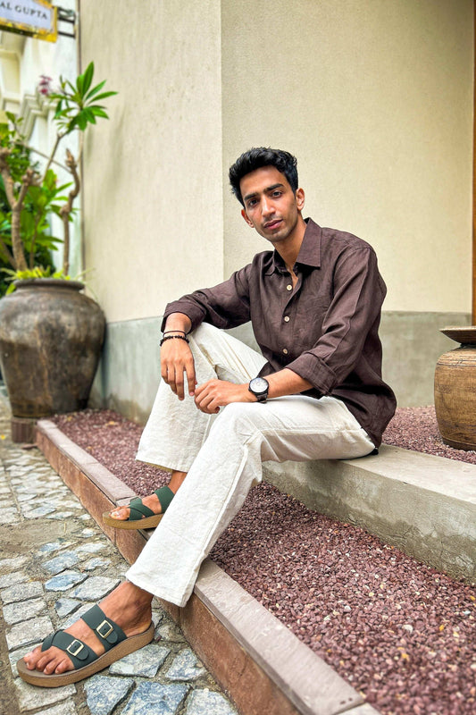 Mocha brown pure linen shirt for men, seated view