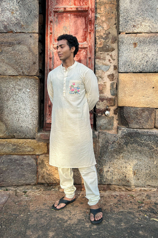 Ivory cotton kurta for men with hand embroidered lotus pond pocket, full-length view