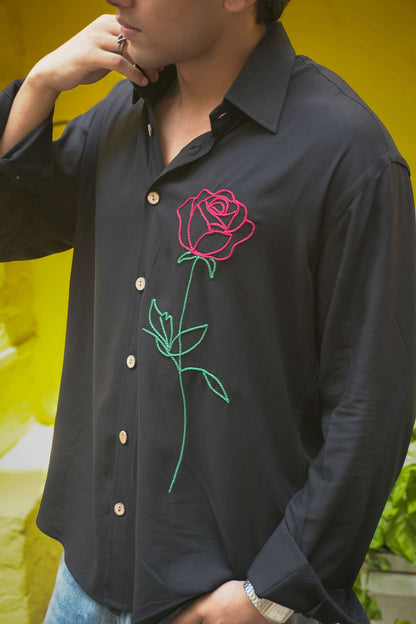 Black modal viscose shirt for men with embroidered red rose motif, close front view