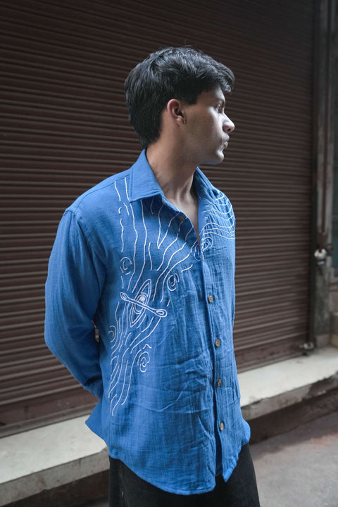 Blue double cloth cotton shirt for men with aari hand embroidered boat and waves, side view, Rishikesh Embroidered Shirt