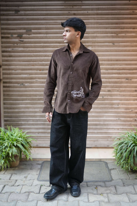 Brown corduroy shirt for men with bike embroidery on the hem, full-length view