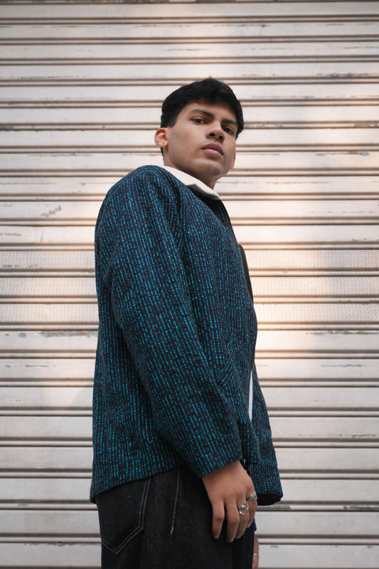 Navy blue and teal cotton tweed jacket for men, side view