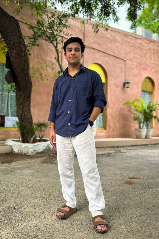 Midnight blue pure cotton shirt for men, full-length view
