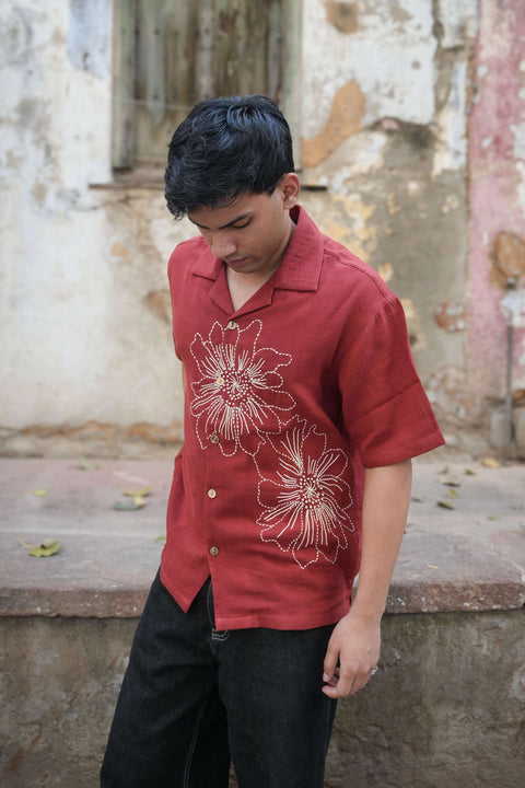 Red double cloth cotton shirt for men with multi-technique floral hand embroidery, side view, Nainital Embroidered Shirt