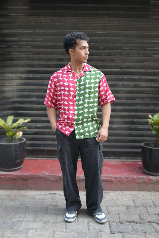 Red and green printed viscose shirt for men, full-length view