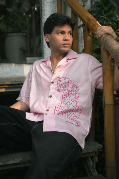 Close-up of the pantheress aari embroidery, Baby pink cotton men's shirt