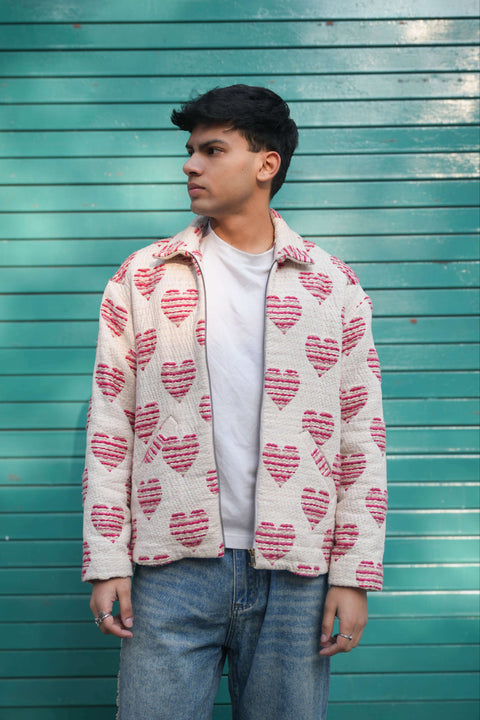 Pink and red cotton jacquard jacket for men with woven heart motifs, front view, Paris Jacquard Jacket by Oje'