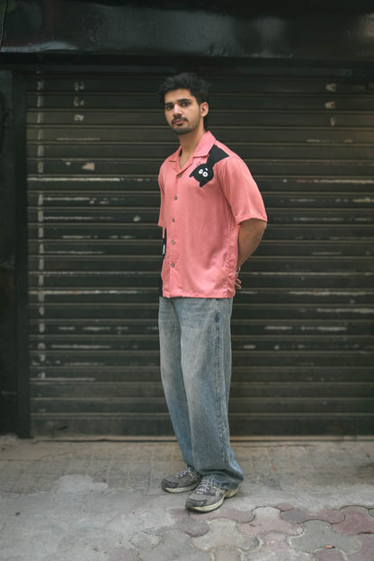 Pink cotton shirt for men with appliquéd cat motifs, full-length side view