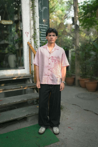 Baby pink cotton shirt for men with hand embroidered pantheress motif, full-length view